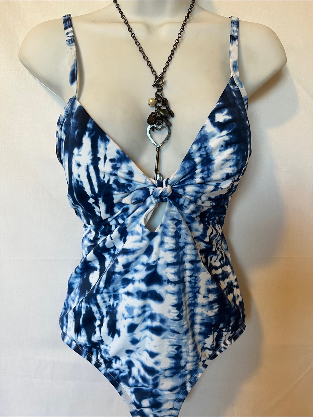 Vintage Blue and White Tie-Dye Knot-Front Bodysuit